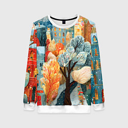 Свитшот женский Разноцветные новогодние домики, цвет: 3D-белый