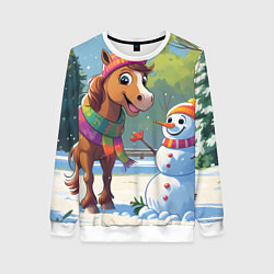 Свитшот женский Лошадка и снеговик, цвет: 3D-белый