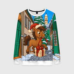 Женский свитшот Лошадка распаковывает новогодний подарок