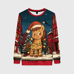 Свитшот женский Лошадка в новогодней гирлянде, цвет: 3D-красный