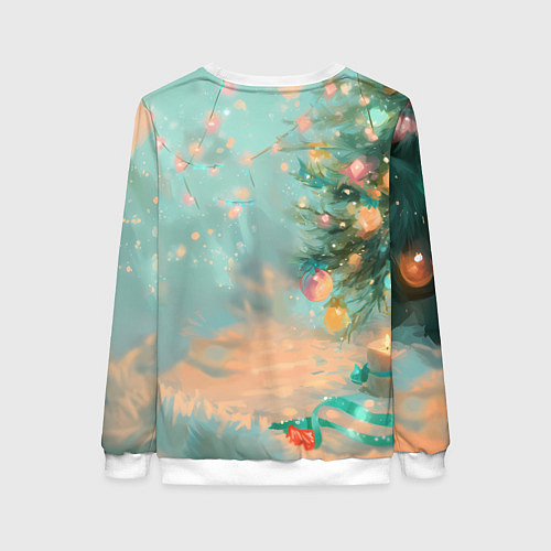 Женский свитшот Милый рыжий котенок любуется елкой / 3D-Белый – фото 2