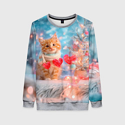 Свитшот женский Котенок и гирлянда из сердечек, цвет: 3D-меланж