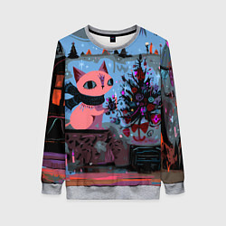 Свитшот женский Кошка празднует Новый год, цвет: 3D-меланж