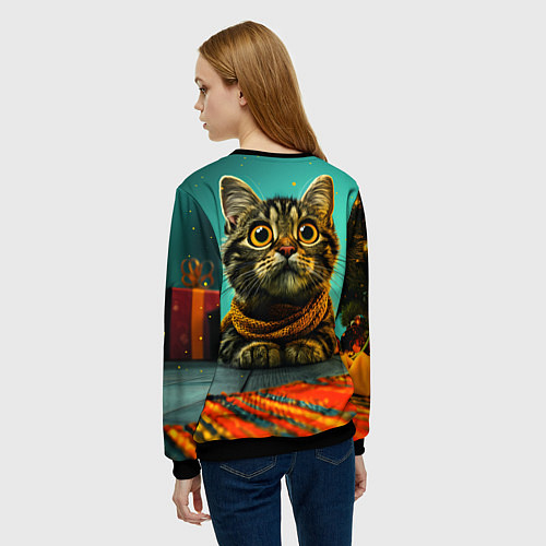 Женский свитшот Котик под елкой / 3D-Черный – фото 4