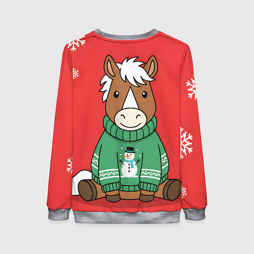 Женский свитшот Новогодняя лошадка в зеленом свитере / 3D-Меланж – фото 2
