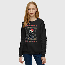 Свитшот хлопковый женский Рождественский свитер Черный мопс, цвет: черный — фото 2