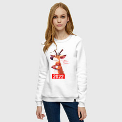 Свитшот хлопковый женский Недовольный олень с чашечкой кофе, новый год 2022, цвет: белый — фото 2