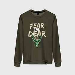 Свитшот хлопковый женский Milwaukee Bucks Fear the dear Милуоки Бакс, цвет: хаки