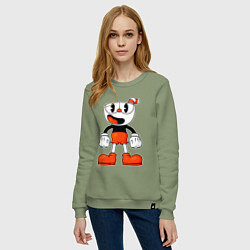 Свитшот хлопковый женский Cuphead красная чашечка, цвет: авокадо — фото 2
