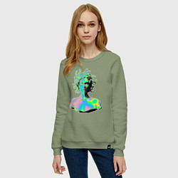 Свитшот хлопковый женский Gorgon Medusa Vaporwave Neon, цвет: авокадо — фото 2