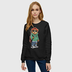 Свитшот хлопковый женский Прикольный мишутка гитарист Cool teddy bear guitar, цвет: черный — фото 2