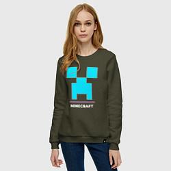 Свитшот хлопковый женский Символ Minecraft в неоновых цветах, цвет: хаки — фото 2