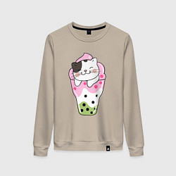 Свитшот хлопковый женский Довольный котик в мороженом, цвет: миндальный