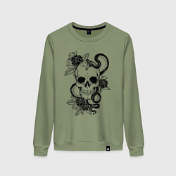 Женский свитшот Чёрная мамба обвивает череп и розы
