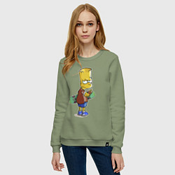 Свитшот хлопковый женский Барт Симпсон со скейтбордом - жест, цвет: авокадо — фото 2