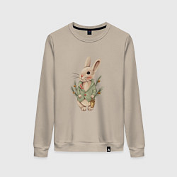 Свитшот хлопковый женский Кролик с фонариком новогодний, цвет: миндальный