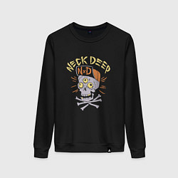 Свитшот хлопковый женский Neck Deep band панк рок - череп в кепке, цвет: черный