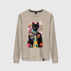 Свитшот хлопковый женский Чёрный кот модник - нейросеть, цвет: миндальный