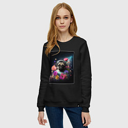 Свитшот хлопковый женский Мопс-космонавт в цветах, цвет: черный — фото 2