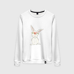 Свитшот хлопковый женский Милый кролик с венком на голове, цвет: белый