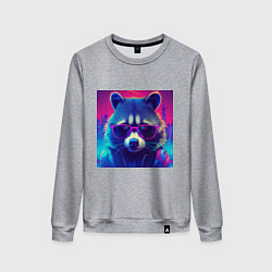 Женский свитшот Енот в очках и куртке на фоне неонового киберпанк-