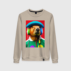 Женский свитшот Капибара в наушниках и шляпе - нейросеть