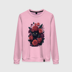 Свитшот хлопковый женский Черный кот в цветах, цвет: светло-розовый