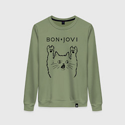 Свитшот хлопковый женский Bon Jovi - rock cat, цвет: авокадо