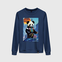 Свитшот хлопковый женский Панда на берегу озера - нейросеть, цвет: тёмно-синий
