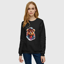 Свитшот хлопковый женский Модный медведь в кепке и в очках, цвет: черный — фото 2