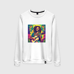 Свитшот хлопковый женский Веселый растаман регги гитарист в стиле retrowave, цвет: белый