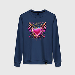 Свитшот хлопковый женский Светящее сердце с крыльями, цвет: тёмно-синий