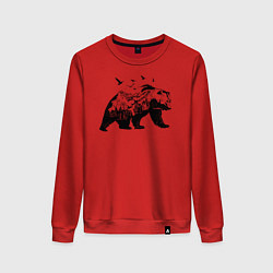 Свитшот хлопковый женский Силуэт тайги в медведе, цвет: красный