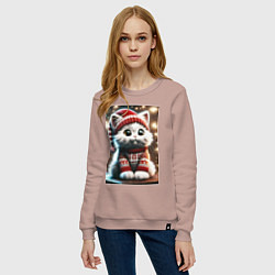Свитшот хлопковый женский Котик в новогоднем свитере, цвет: пыльно-розовый — фото 2