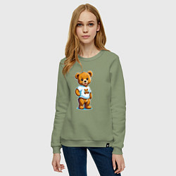 Свитшот хлопковый женский Медвежонок в футболке, цвет: авокадо — фото 2