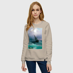 Свитшот хлопковый женский Корабль среди бурного моря, цвет: миндальный — фото 2