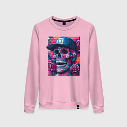 Свитшот хлопковый женский Череп в бейсболке - граффити, цвет: светло-розовый