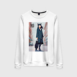 Женский свитшот Девочка с кошкой в городе - нейросеть