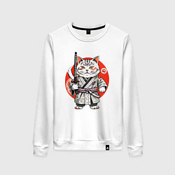 Женский свитшот Ниндзя кот с саблей красное солнце