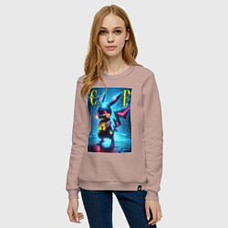 Свитшот хлопковый женский Cyber Pikachu - neon glow ai art, цвет: пыльно-розовый — фото 2