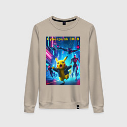 Свитшот хлопковый женский Cyberpunk 3088 - Pikachu pursuit - neon glow, цвет: миндальный