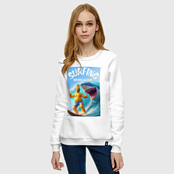 Свитшот хлопковый женский Homer Simpson and shark - surfing never alone, цвет: белый — фото 2