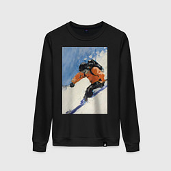 Свитшот хлопковый женский Горнолыжный спорт спуск - живопись маслом, цвет: черный