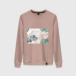 Свитшот хлопковый женский Акварельные листья светлые, цвет: пыльно-розовый
