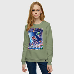 Свитшот хлопковый женский Инопланетянин следит за космонавтом - Майнкрафт, цвет: авокадо — фото 2