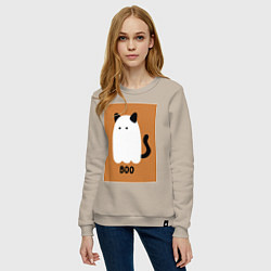 Свитшот хлопковый женский Котик-призрак на хэллоуин, цвет: миндальный — фото 2