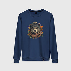 Свитшот хлопковый женский Медведь в шарфе и шапке, цвет: тёмно-синий