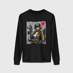Свитшот хлопковый женский Cool military girl - graffiti, цвет: черный