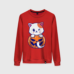 Свитшот хлопковый женский Halloween meow, цвет: красный