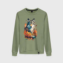 Свитшот хлопковый женский Волк и осенний лес, цвет: авокадо